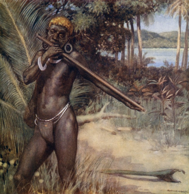 Salomon Islander soittaa "Ivivu" tai huilua (väri litho) tekijältä Norman Hardy