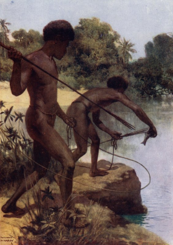 Spearing Fish, Brittiläinen Uusi-Guinea (väri litho) tekijältä Norman Hardy