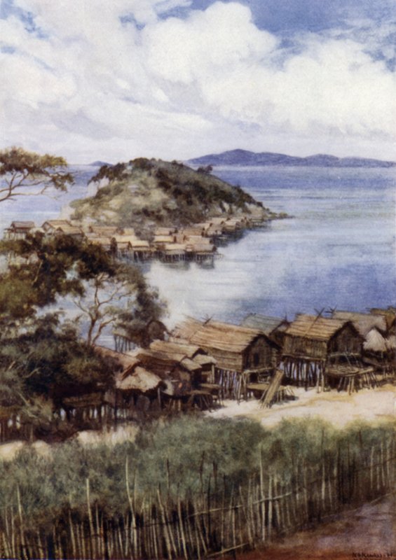 Eleveran saari Mission Station -asemalta, Port Moresby, Brittiläinen Uusi-Guinea (väri litho) tekijältä Norman Hardy