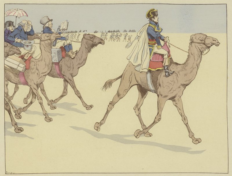 Faaraoiden maahan saapunut Napoleon meni kaikkialle ja seurasi tutkijoiden ja taiteilijoiden komissio, jotka eivät olleet koskaan ratsastaneet kamelin selässä, 1. heinäkuuta 1798 tekijältä Onfray de Breville Job