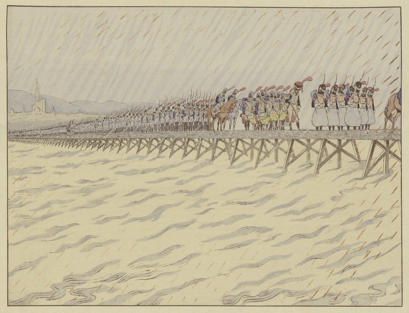 Napoleon ja hänen armeijansa ylittämässä Reinin Kehlissä 1. lokakuuta 1805 tekijältä Onfray de Breville Job