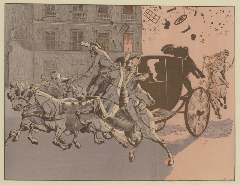 Napoleon pakenee ihmeellisesti pommin, koneenfernalen, räjähdyksestä Rue Saint-Nicaisella, Pariisissa, 24. joulukuuta 1800. tekijältä Onfray de Breville Job