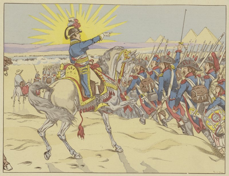 Napoleon inspiroi joukkojaan pyramidien taistelussa Egyptissä, 21. heinäkuuta 1798 tekijältä Onfray de Breville Job
