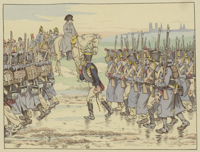 Napoleon katselee, kun Ranskan sotaretken viimeinen armeijakunta marssii ohi Reimsin lähellä, 16. maaliskuuta 1814. tekijältä Onfray de Breville Job