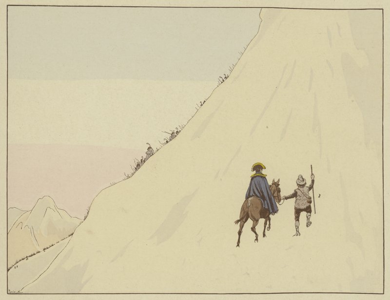 Napoleon ohitti Mont St Bernardin muulin ratsastaen nuoren miehen ohjaamana, jonka hän palkitsi anteliaasti, 16. toukokuuta 1800 tekijältä Onfray de Breville Job