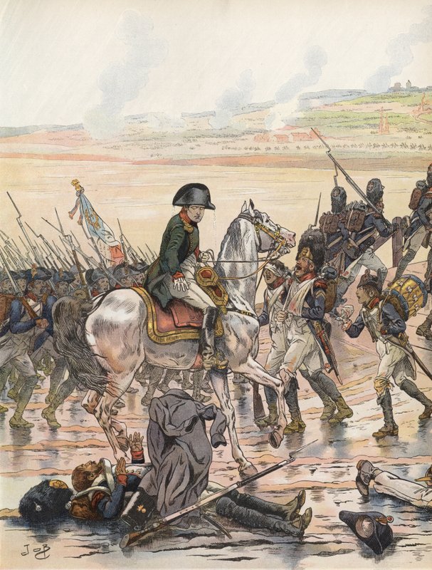 Napoleon osoittaa huomaavaisuutta yhtä kaatunutta sotilastaan kohtaan Reinin sotaretkellä. tekijältä Onfray de Breville Job