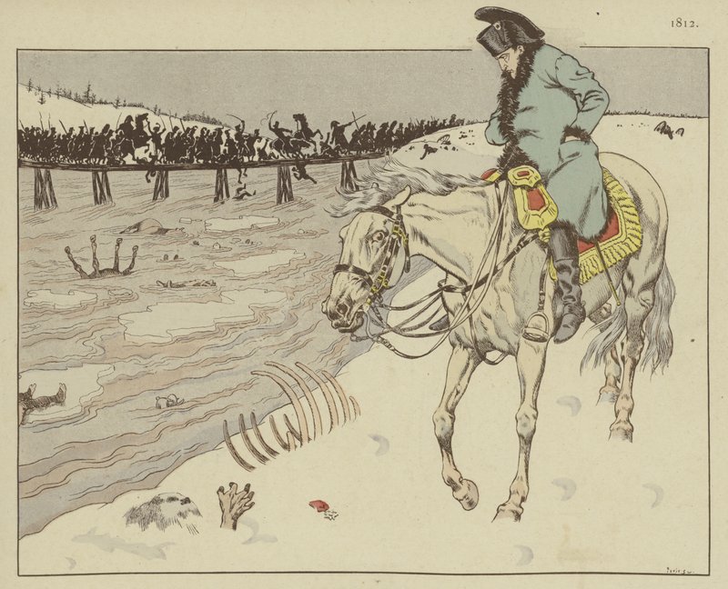 Napoleon katselee Grand Armeensa jäänteitä Berezina-joen varrella vetäytyessään Moskovasta, 1812 tekijältä Onfray de Breville Job