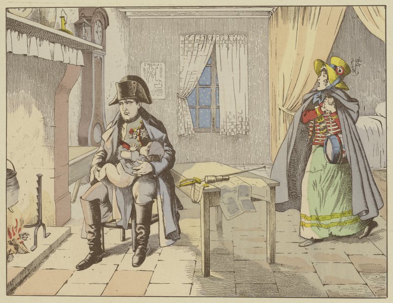 Champaubertin taistelun iltana ja Montmirailin aattona mietteliäs Napoleon keinuttaa kaninäären vauvaa 10.-11.2.1814 tekijältä Onfray de Breville Job
