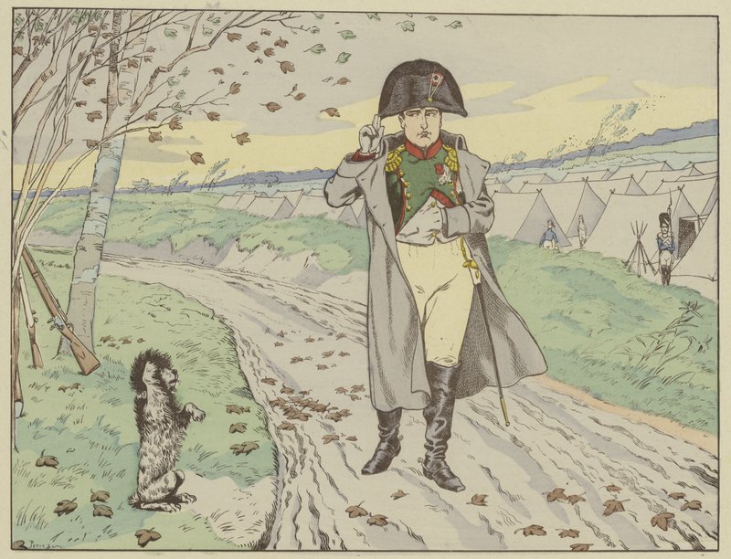 Vanhan Kaartin sotilaat kouluttivat koiransa tervehtimään keisaria, joka vastasi tervehdyksensä, 1805 tekijältä Onfray de Breville Job