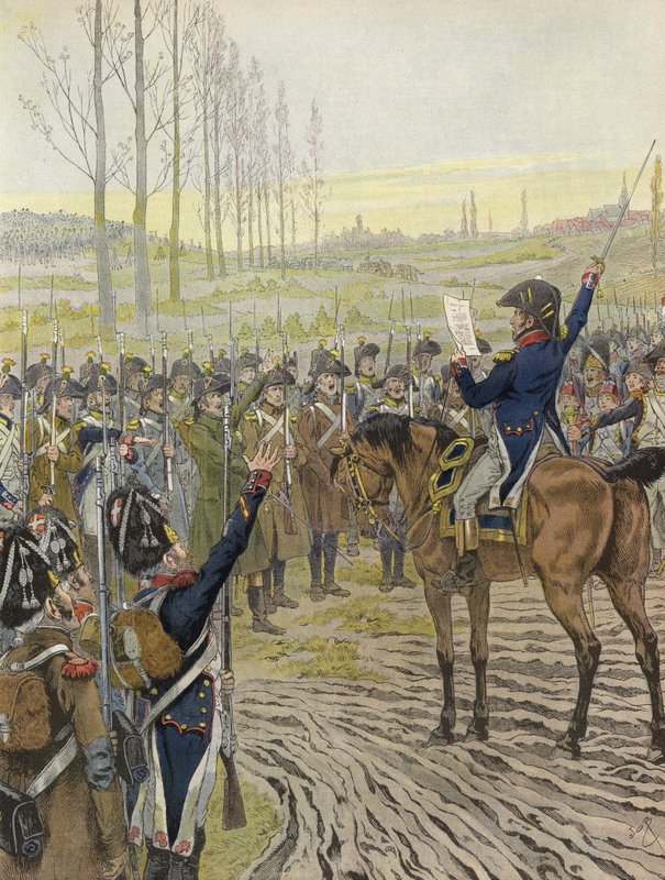 Napoleonin sanat luetaan joukoilleen Reinin sotaretkellä 1805. tekijältä Onfray de Breville Job