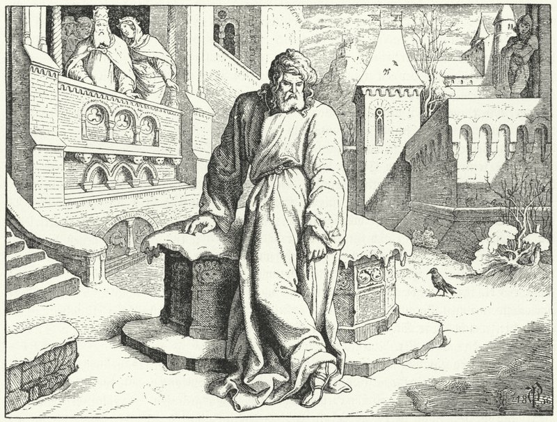 Pyhän Rooman keisari Henrik IV Canossan linnan pihalla Italiassa naamioituneena katuvaksi anomaan paavi Gregorius VII:n anteeksiantoa, 1077 tekijältä Oskar Pletsch