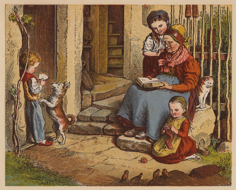Granny Reading (värillinen litografia) tekijältä Oskar Pletsch