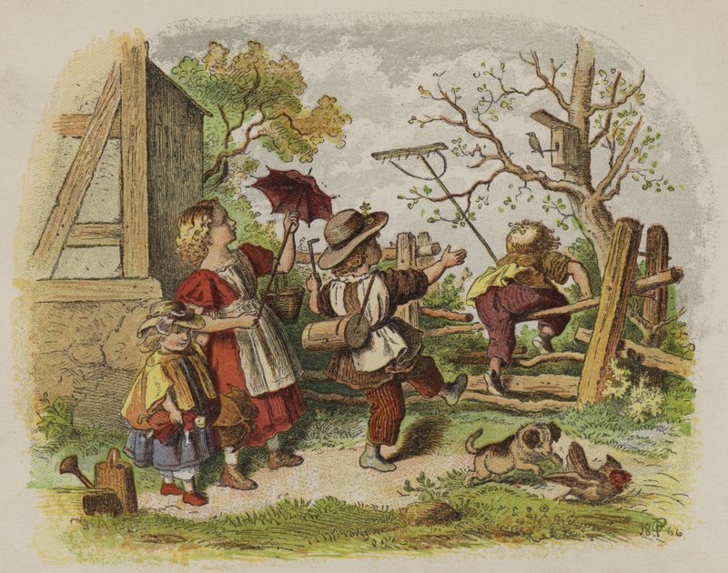 Ryhmä lapsia leikkimässä ulkona (väri litho) tekijältä Oskar Pletsch