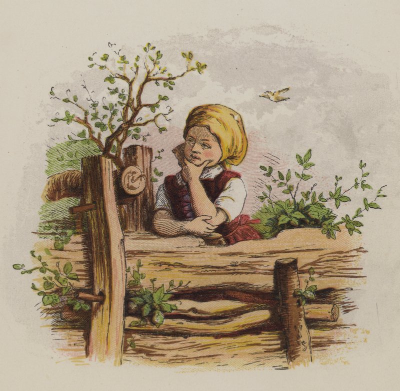 Mietteliäs tyttö nojaa aidalle (väri litho) tekijältä Oskar Pletsch