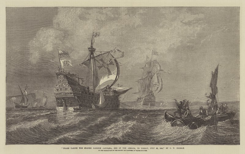 Drake vie espanjalaisen Galleon Capitanan, yhden armadoista, Torbayyn 22. heinäkuuta 1588 akvarellimaalariyhdistyksen näyttelyssä tekijältä Oswald Walters Brierly