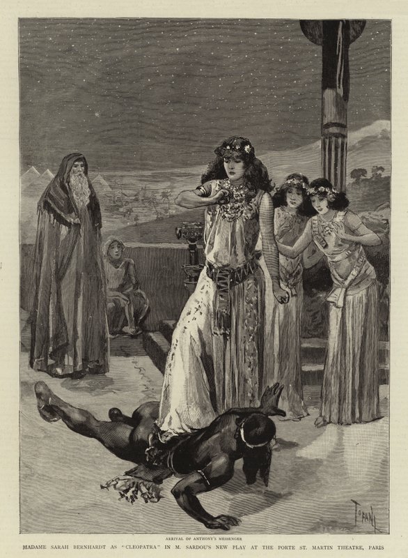 Madame Sarah Bernhardt Kleopatran roolissa M Sardoun uudessa näytelmässä Porte St Martin -teatterissa, Pariisissa tekijältä Oswaldo Tofani