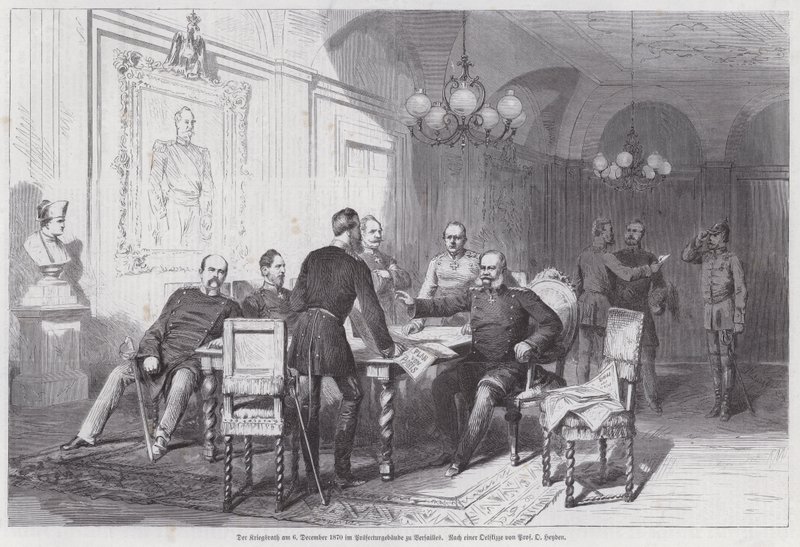 Preussin armeijan komentajat pitävät sotaneuvostoa Versaillesissa, Ranskan ja Preussin sota, 6. joulukuuta 1870 (kaiverrus) tekijältä Otto Johann Heinrich Heyden