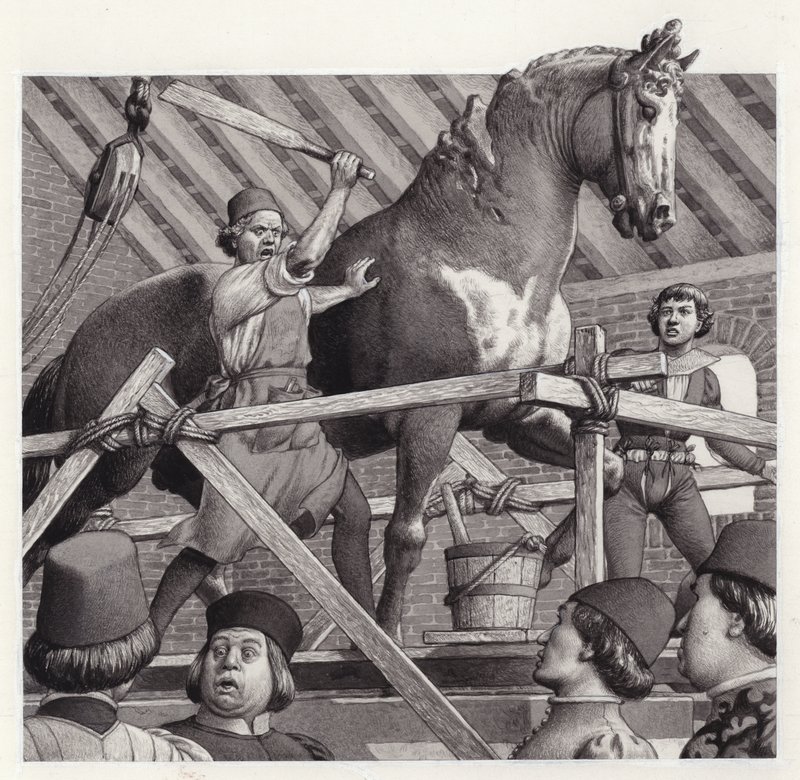Andrea Verrocchio murskaa hevospatsaan pään (guassi paperille). tekijältä Pat (1907-95) Nicolle