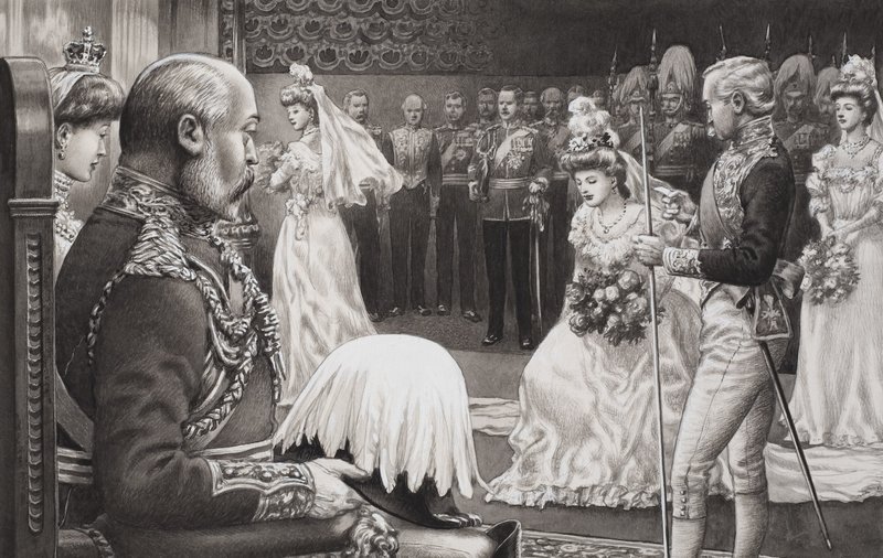 Debytanttien esittely Edward VII:lle (1844-1925) ja kuningatar Alexandralle (1841-1910) (guassi paperille). tekijältä Pat (1907-95) Nicolle