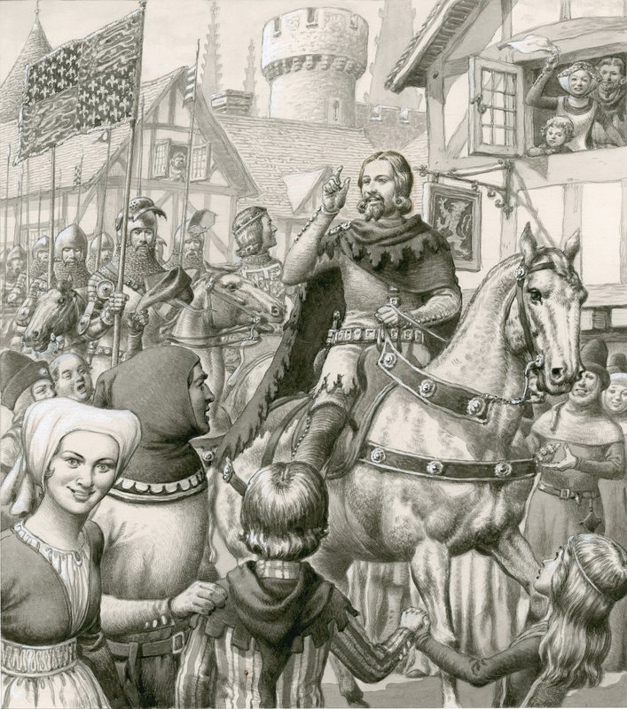 Edward III:n voitokas kotiinpaluu (guassi paperille) tekijältä Pat (1907-95) Nicolle