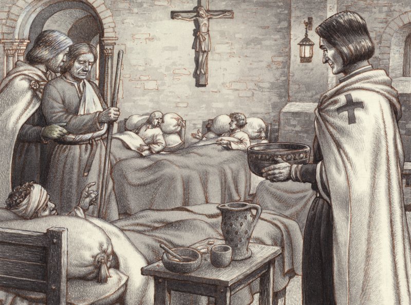 Godfrey de Bouillon katsoo, kun benediktiinimunkit hoitavat haavoittuneita (guassi paperille). tekijältä Pat (1907-95) Nicolle