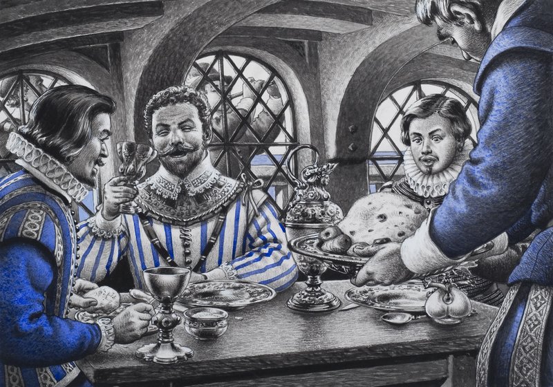 Sir Francis Drake (1540-96) pöydän ääressä (guassi paperille) tekijältä Pat (1907-95) Nicolle