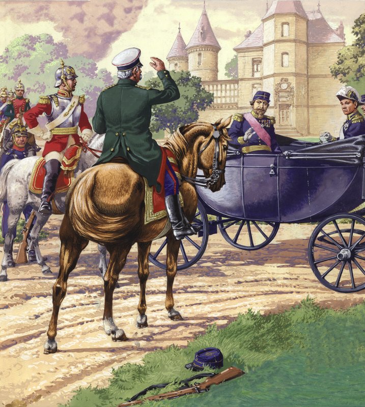 Kreivi Bismark lähestyy Napoleon III:n vaunuja (guassi paperille). tekijältä Pat (1907-95) Nicolle