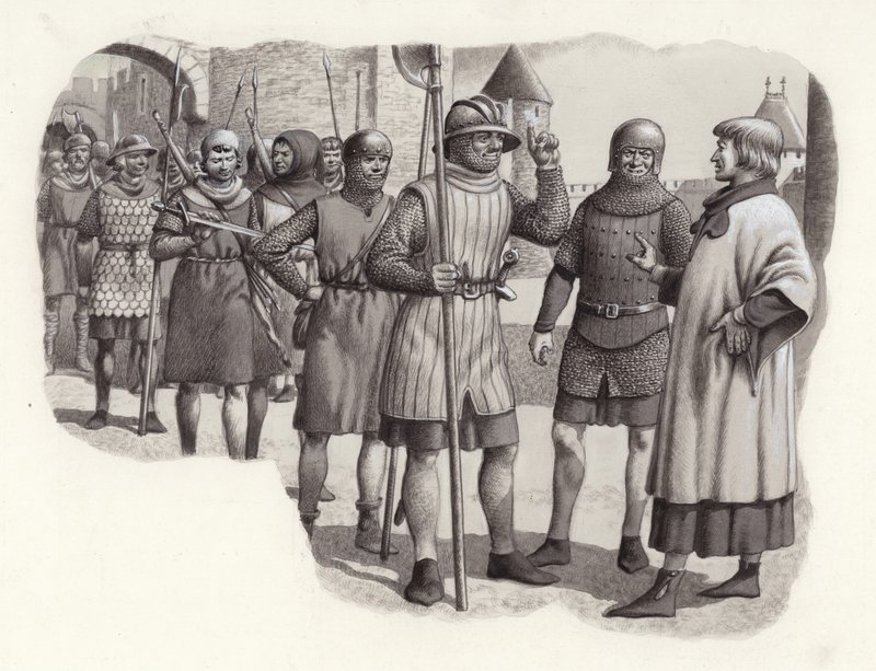 Sotilaita 1300-luvulta (guassi paperille) (gouache paperille) tekijältä Pat (1907 95) Nicolle