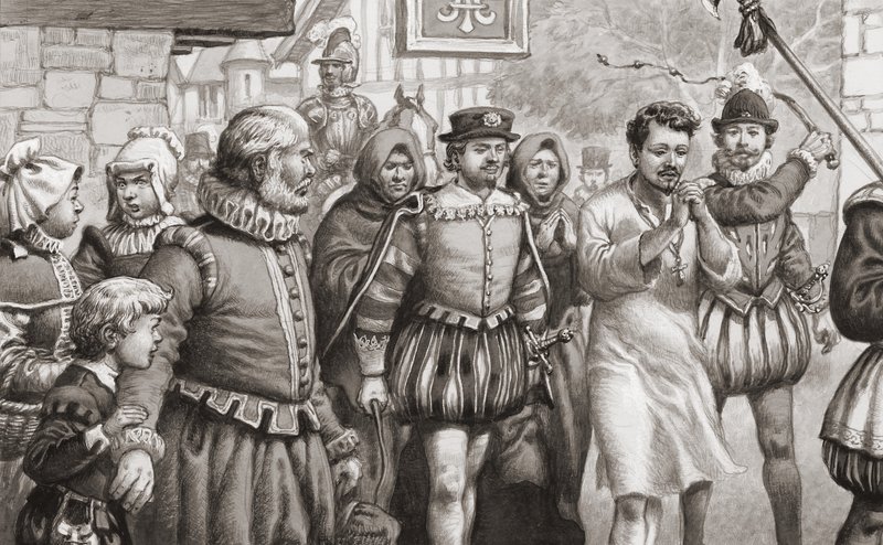 Ranskan kuningas Henrik III tekee katumusharjoituksia kävelemällä Pariisin kaduilla hiuspaita yllään, kun häntä ruoskitaan (guassi paperille). tekijältä Pat (1907 95) Nicolle