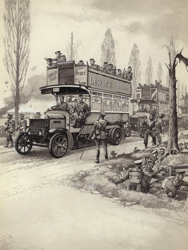 Lontoon bussit, joilla kuljetettiin joukkoja rintamalle ensimmäisen maailmansodan aikana (guassi paperille). tekijältä Pat (1907 95) Nicolle