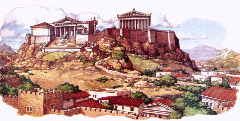 Ateenan Akropolis eli muinainen linnoitus sellaisena kuin se näytti 5. vuosisadalla. tekijältä Pat (1907 95) Nicolle