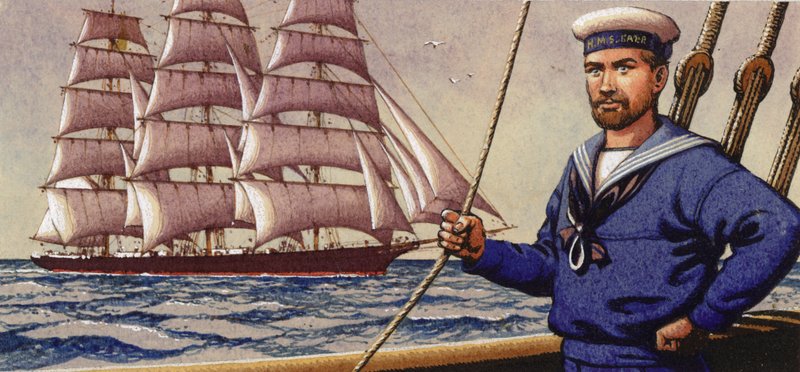 Hyvin pukeutunut merimies ja purjelaiva (guassi paperille) tekijältä Pat (1907-95) Nicolle