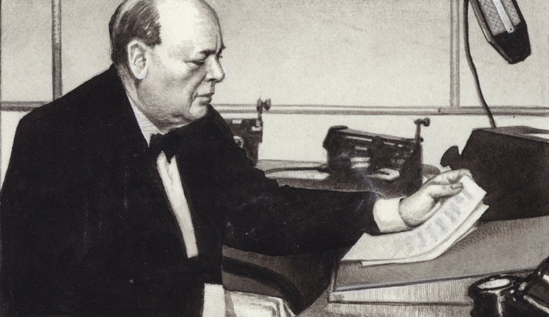 Winston Churchill pitää yhden kuuluisista sota-ajan radiolähetyksistään (guassi paperille). tekijältä Pat (1907 95) Nicolle