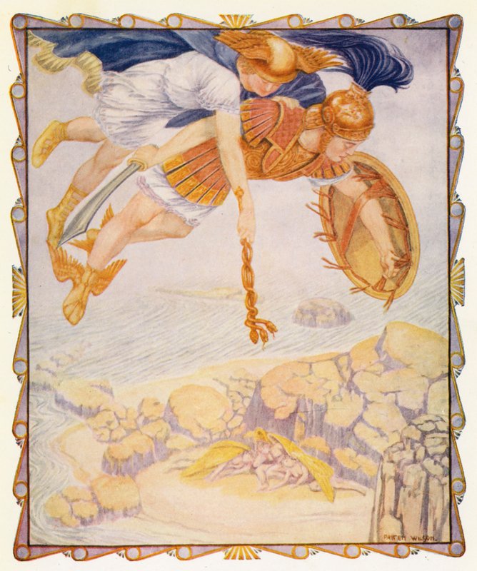 Perseus näkee gorgonit (värilitografia) tekijältä Patten (after) Wilson