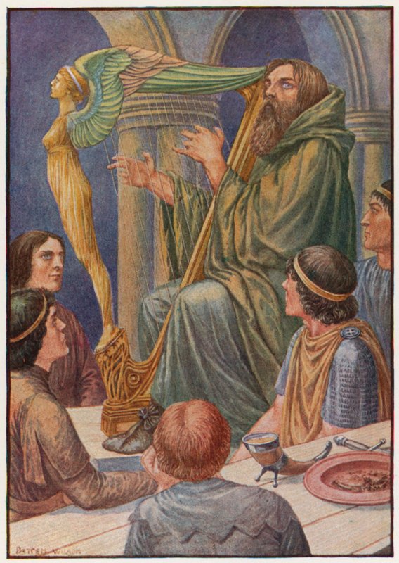 Dagda otti hänen harppunsa ja lyö muutaman soinnun (väri litho) tekijältä Patten Wilson