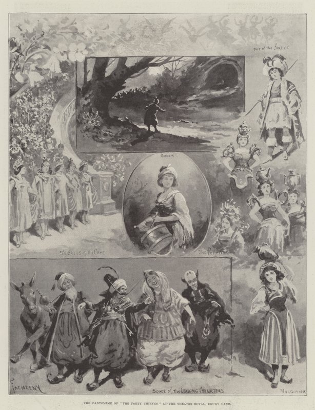Neljänkymmenen varkaan pantomiimi Theatre Royalissa, Drury Lanessa (Drury Lane) tekijältä Paul Frenzeny