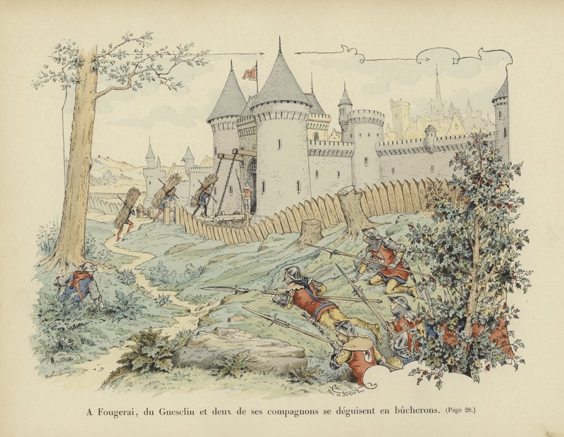 Bertrand du Guesclin ja kaksi hänen toveriaan naamioituvat puunhakkureiksi vangitakseen Grand-Fougeray-linnan, 1354 tekijältä Paul de Semant