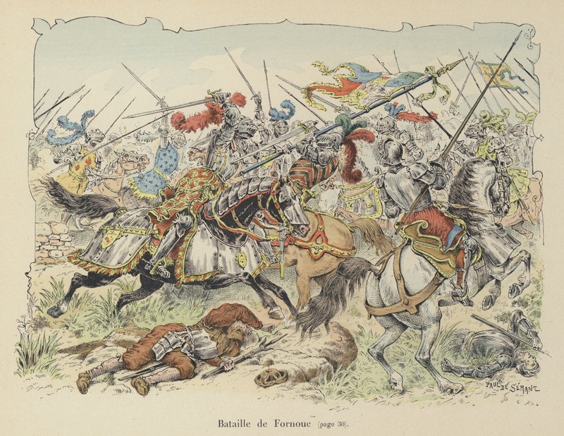Chevalier de Bayard taistelee espanjalaisia vastaan Fornovon taistelussa Italiassa, 1495 tekijältä Paul de Semant