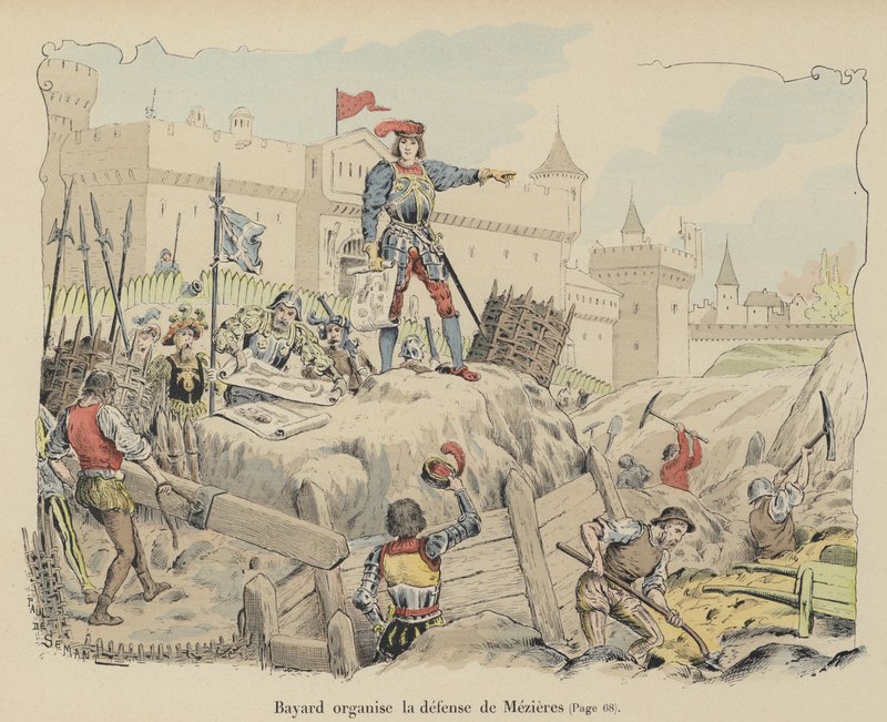 Chevalier de Bayard järjestää ranskalaisen puolustuksen Mezieresin piirityksessä Ranskassa, 1521 tekijältä Paul de Semant