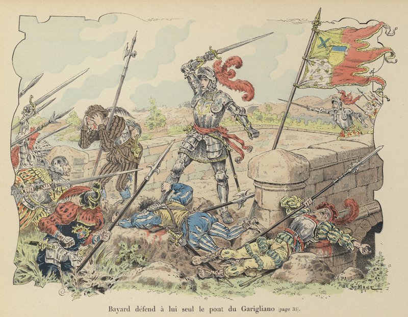 Chevalier de Bayard puolustaa yksin Gariglianon siltaa espanjalaisia vastaan, Italia, 1503 tekijältä Paul de Semant
