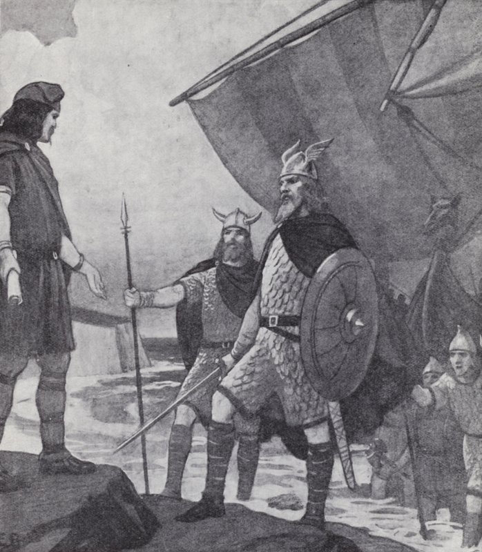 Veljekset Hengist ja Horsa saapuvat Ebbsfleetiin, Isle of Thanetille, Kentille, Anglesin, Saksien ja Juuttien hyökkäyksen aikana 500-luvulla (litho) tekijältä Paul (after) Hardy