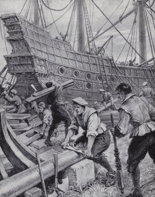 Englantilaisen galleonin Ark Royalin rakennus, lippulaiva taistelussa espanjalaista Armadaa vastaan vuonna 1588 (litho) tekijältä Paul (after) Hardy