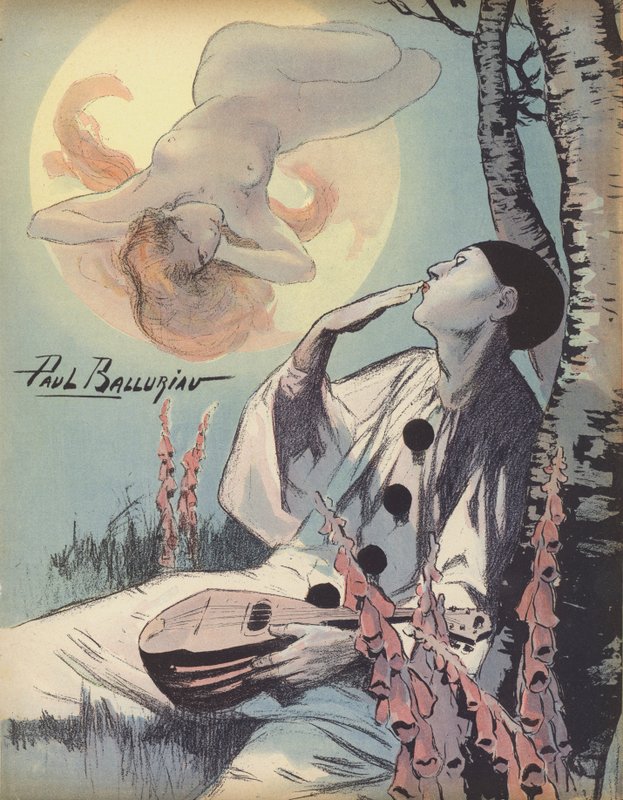 Pierrot puhaltaa suudelmaa kohti näkyä alastomasta naisesta (väri litho) tekijältä Paul Balluriau