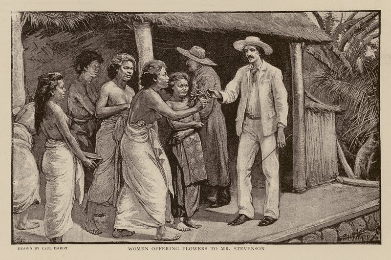 Naiset tarjoavat kukkia Robert Louis Stevensonille (kaiverrus) tekijältä Paul Hardy