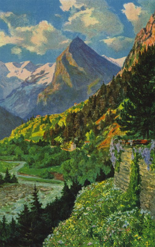 Sveitsin kylpylät: Acquarossa, näkymä Blenion laaksoon (väri litho) tekijältä Paul Kutscha