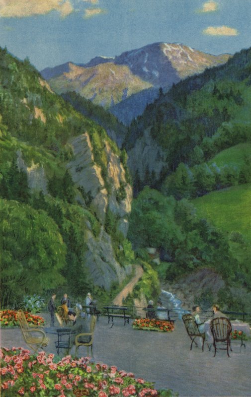 Sveitsin kylpylät: Passugg, Kurhaus Garden Terrace (väri litho) tekijältä Paul Kutscha
