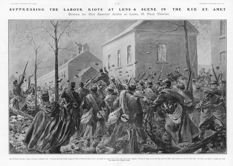 Lensin työläismellakoiden tukahduttaminen (litografia) tekijältä Paul Thiriat