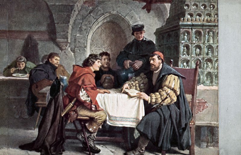 Martin Luther keskustelee opiskelijoiden kanssa Gasthof der Barenissa, Jenassa, Saksassa, maaliskuussa 1522 tekijältä Friedrich Paul Thumann