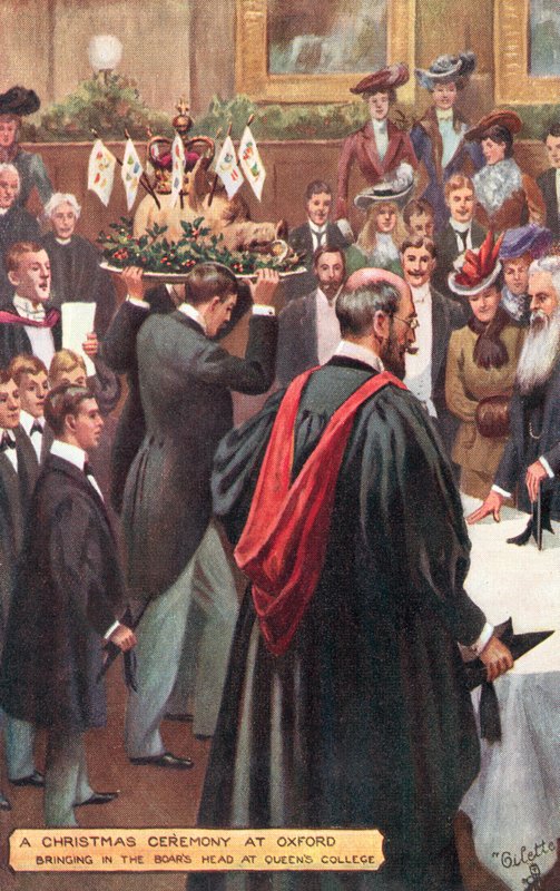 Jouluseremonia Oxfordin yliopistossa - karjujen pään tuominen Queens Collegeen tekijältä Percy F.S. after Spence