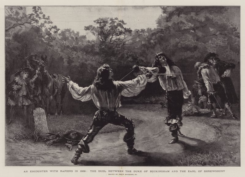 Tapaaminen Rapierien kanssa vuonna 1668, Duke of Buckinghamin ja Earl of Shrewsburyn kaksintaistelu tekijältä Percy Macquoid